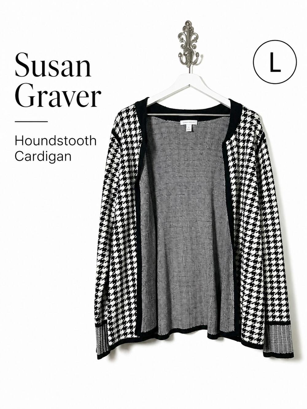 Susan Graver Houndstooth Cardigan Open Front Knit Black White Size Large